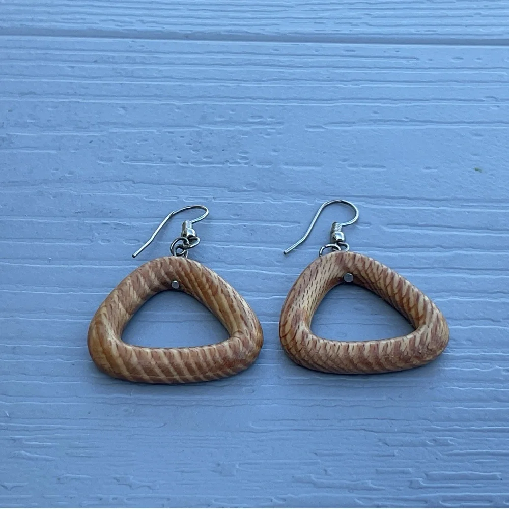 Wood triangle dangle earrings handmade lightweight 1.5” pierced